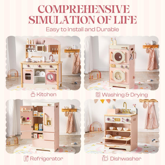 ROBUD Wooden Play Kitchen: kids kitchen set with fridge, washer, dishwasher, ideal for pretend play ages 3+.