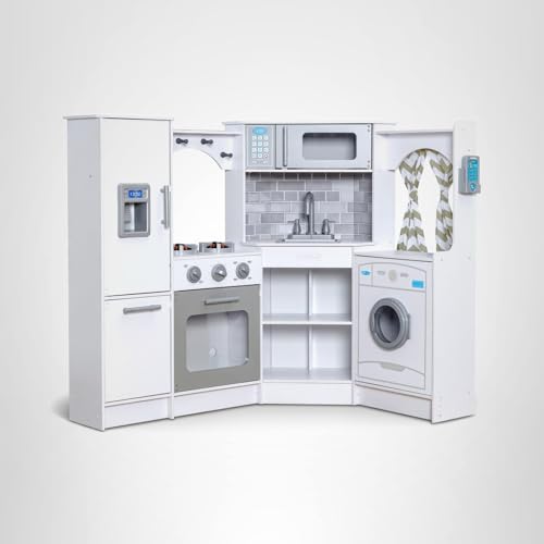 KidKraft Ultimate Corner Wooden Play Kitchen with Lights & Sounds, Play Phone and Curtains, White