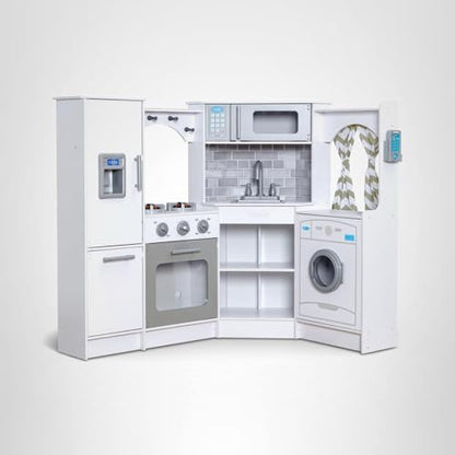 KidKraft Ultimate Corner Wooden Play Kitchen with Lights & Sounds, Play Phone and Curtains, White