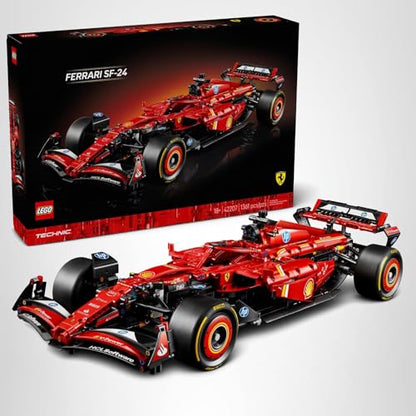 LEGO Ferrari SF-24: Technic F1 model kit, realistic design, display piece for car and racing fans.
