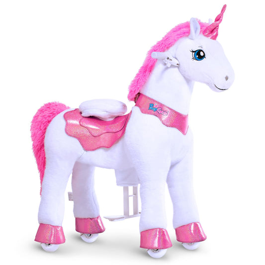 PonyCycle Unicorn Ride-On: plush riding toy with brake, fun and safe, perfect for kids ages 4–7.