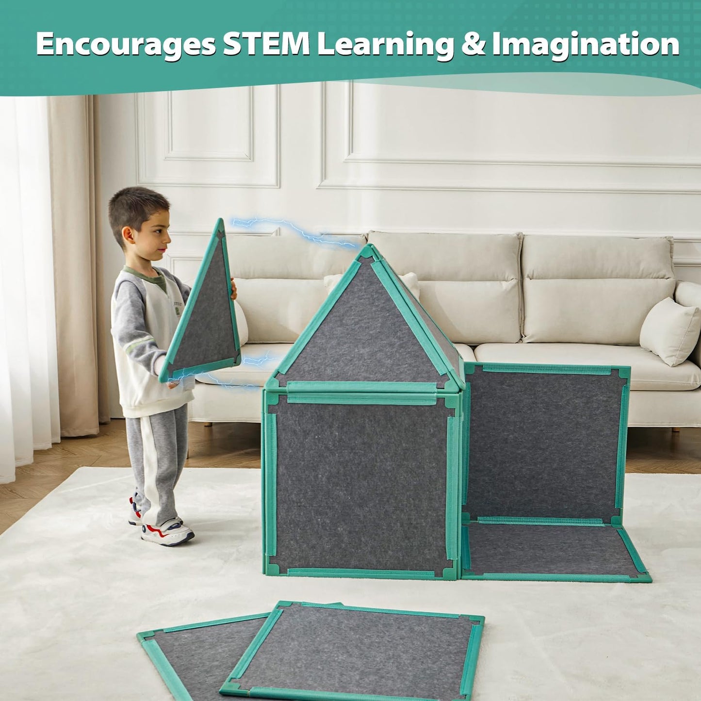 Magnetic Fort Building Kit: 20-piece STEM toy, modular panels, encourages creativity and indoor play for kids.