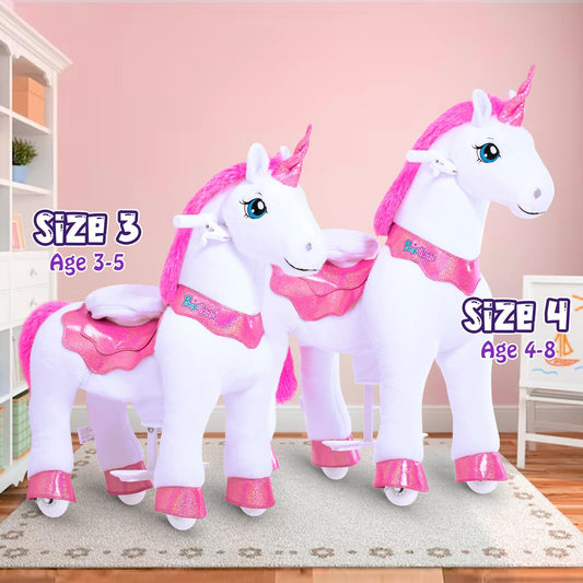 PonyCycle Unicorn Ride-On: plush riding toy with brake, fun and safe, perfect for kids ages 4–7.