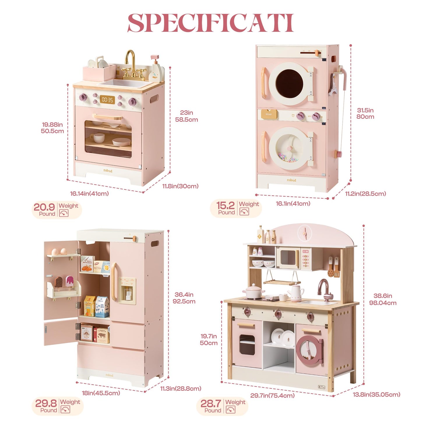 ROBUD Wooden Play Kitchen: kids kitchen set with fridge, washer, dishwasher, ideal for pretend play ages 3+.