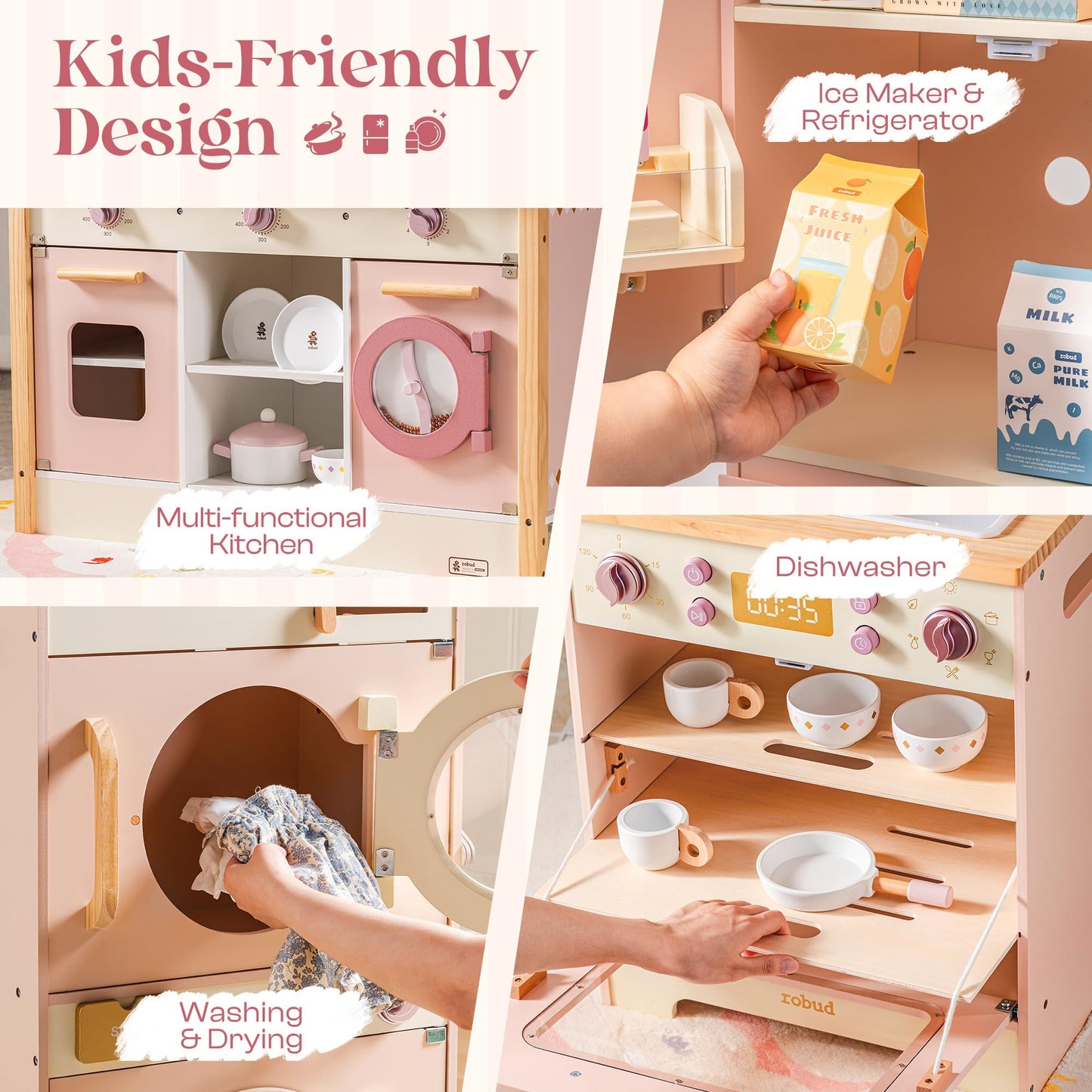 ROBUD Wooden Play Kitchen: kids kitchen set with fridge, washer, dishwasher, ideal for pretend play ages 3+.