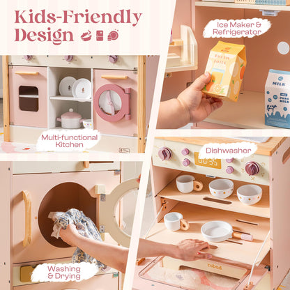 ROBUD Wooden Play Kitchen: kids kitchen set with fridge, washer, dishwasher, ideal for pretend play ages 3+.