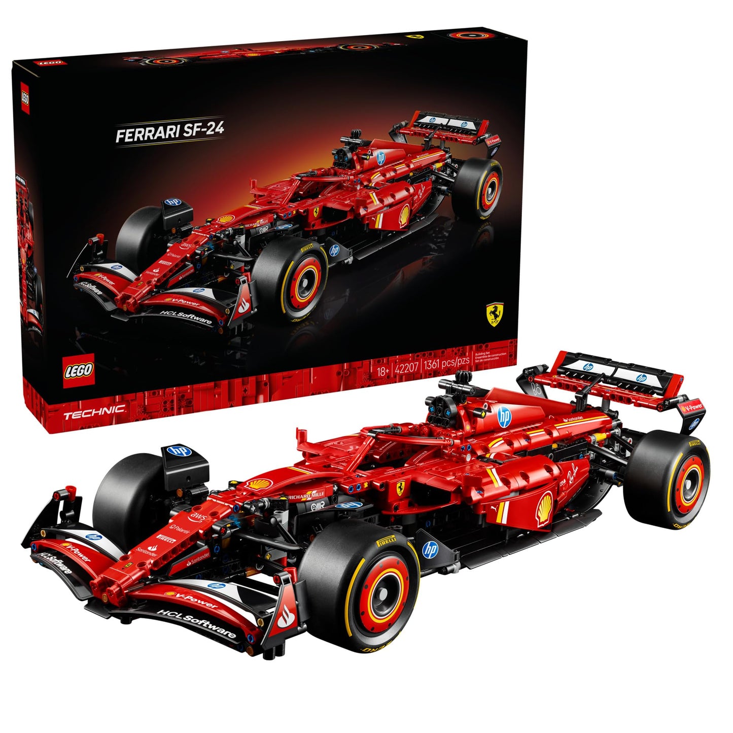 LEGO Ferrari SF-24: Technic F1 model kit, realistic design, display piece for car and racing fans.