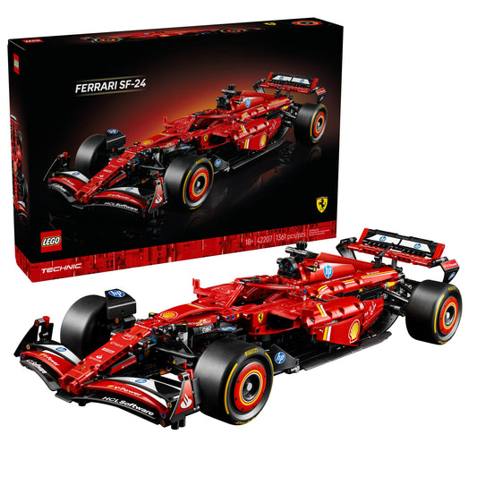 LEGO Ferrari SF-24: Technic F1 model kit, realistic design, display piece for car and racing fans.