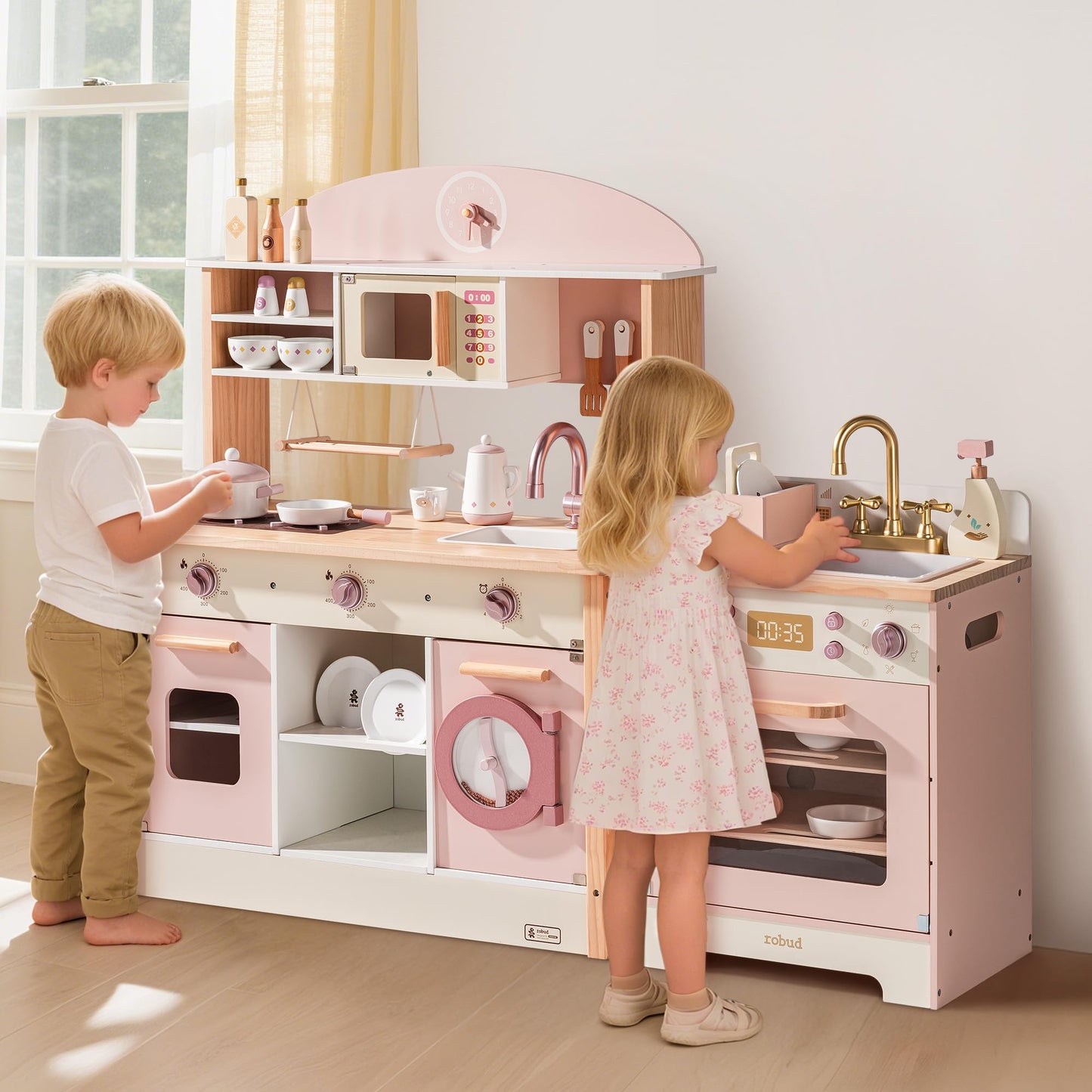 ROBUD Wooden Play Kitchen: kids kitchen set with fridge, washer, dishwasher, ideal for pretend play ages 3+.