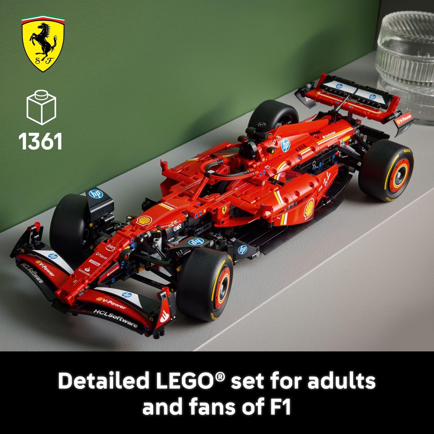 LEGO Ferrari SF-24: Technic F1 model kit, realistic design, display piece for car and racing fans.