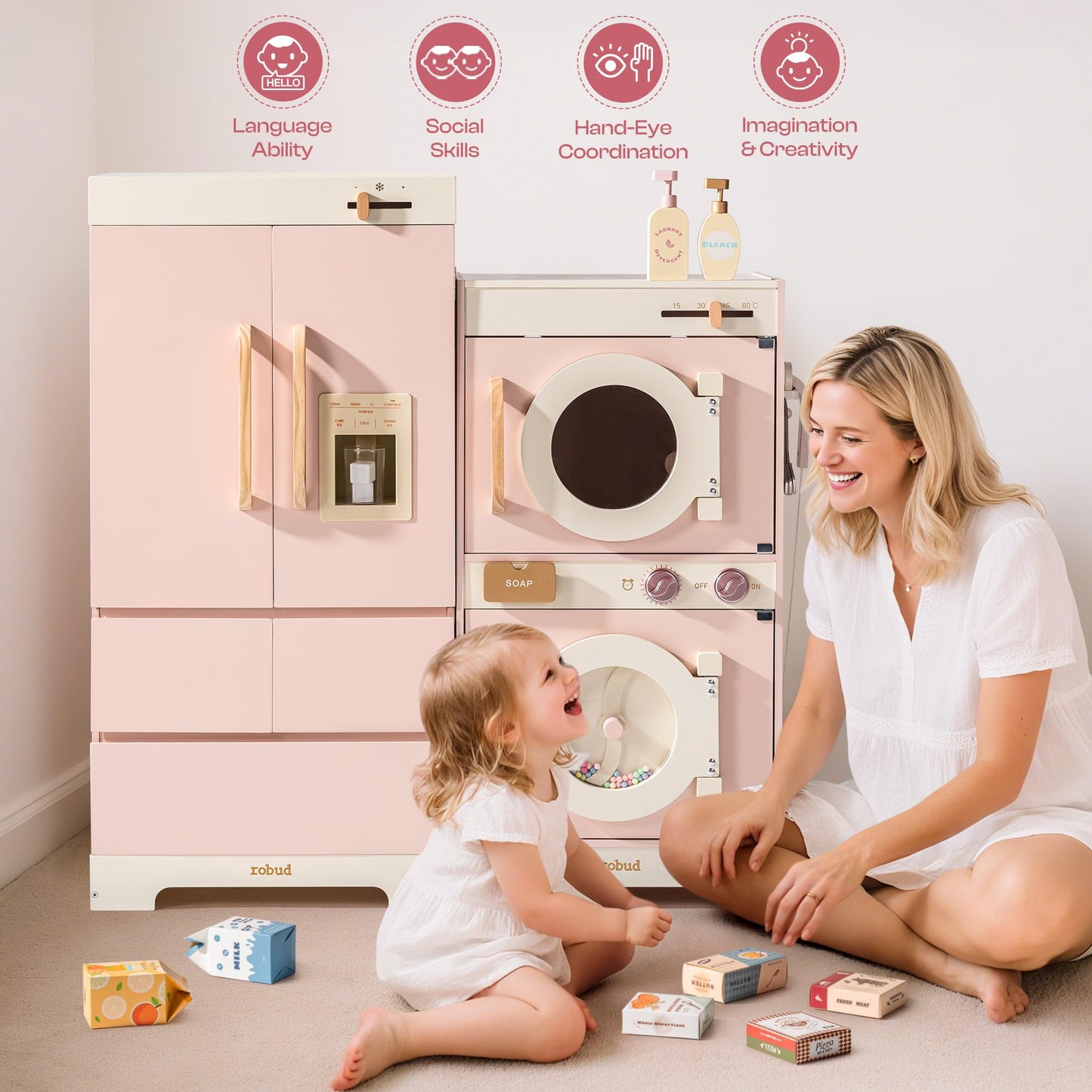ROBUD Wooden Play Kitchen: kids kitchen set with fridge, washer, dishwasher, ideal for pretend play ages 3+.