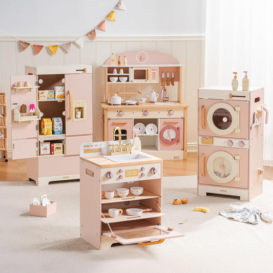 ROBUD Wooden Play Kitchen: kids kitchen set with fridge, washer, dishwasher, ideal for pretend play ages 3+.