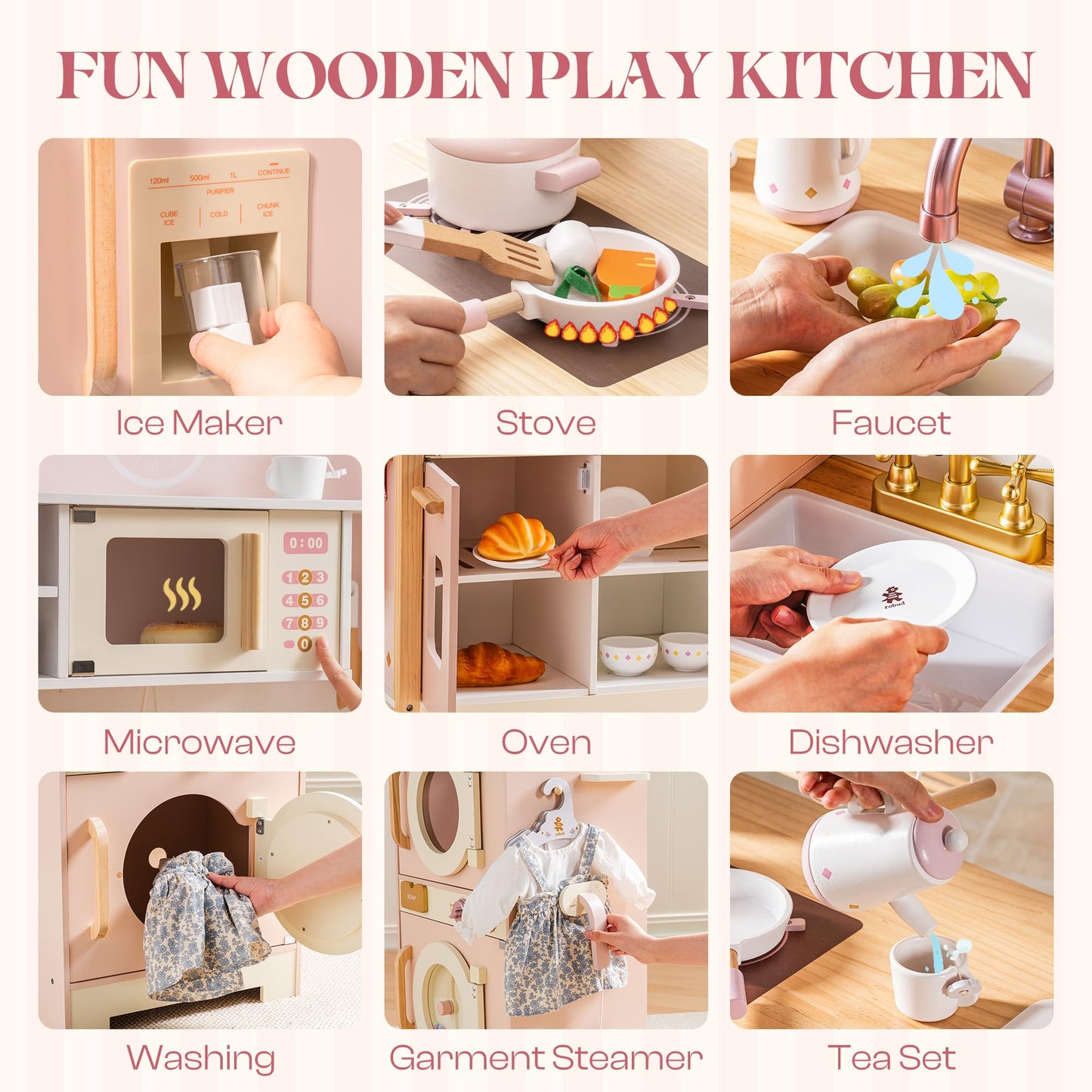 ROBUD Wooden Play Kitchen: kids kitchen set with fridge, washer, dishwasher, ideal for pretend play ages 3+.