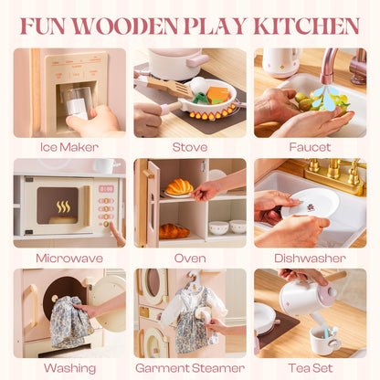 ROBUD Wooden Play Kitchen: kids kitchen set with fridge, washer, dishwasher, ideal for pretend play ages 3+.