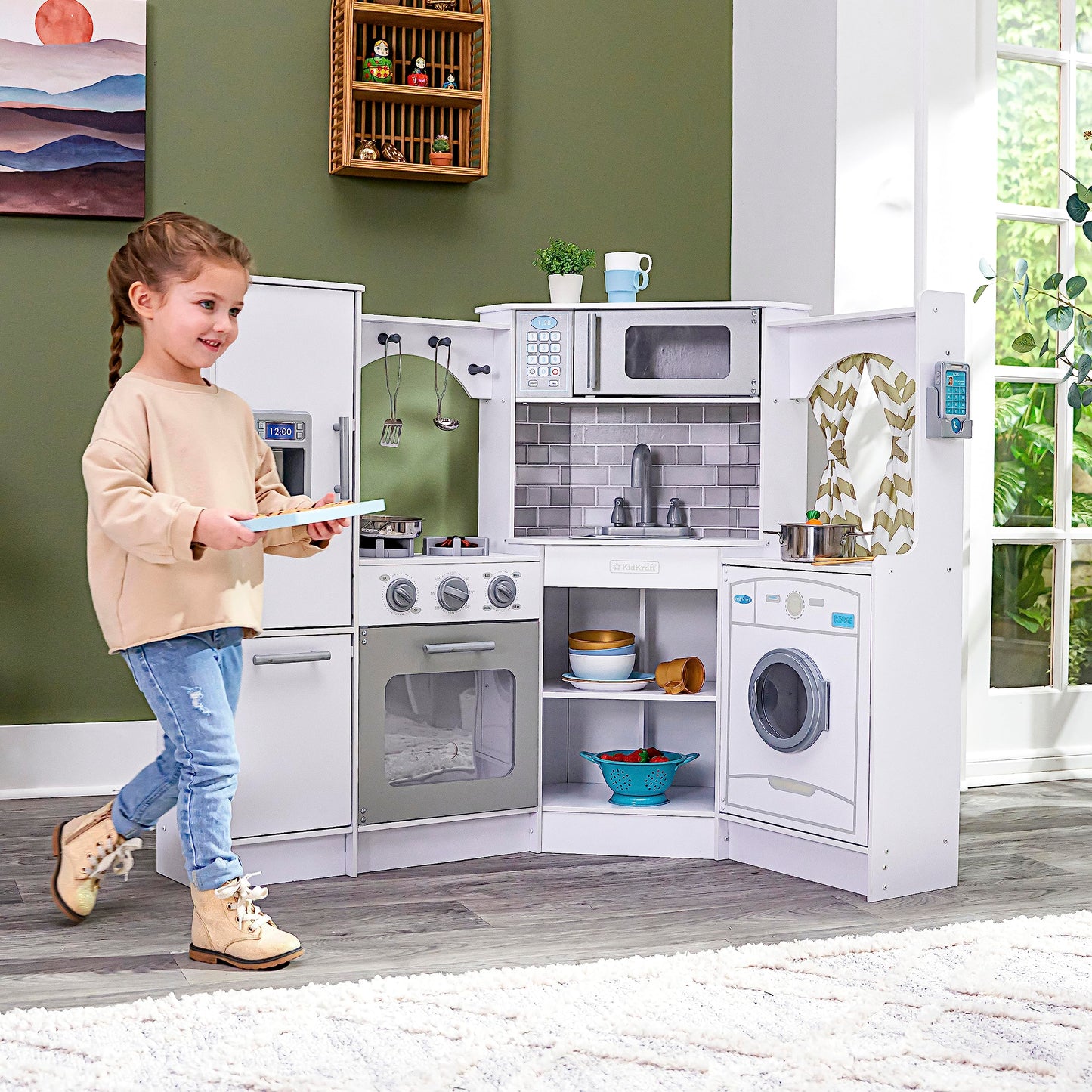 KidKraft Ultimate Corner Wooden Play Kitchen with Lights & Sounds, Play Phone and Curtains, White